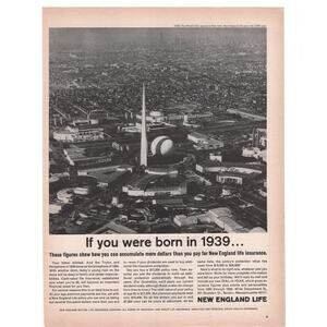 New England Life Magazine Advertisement 1965 Vintage Insurance 1939 Worlds Fair